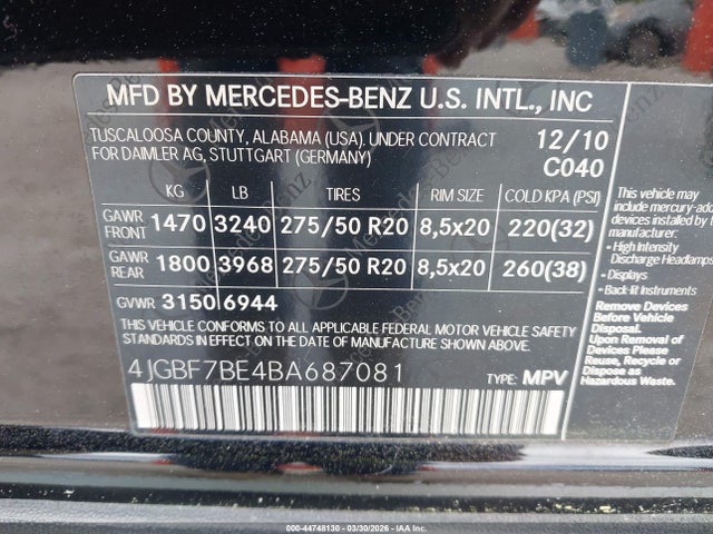 2011 Mercedes-benz Gl 450 4matic მანქანა იყიდება აუქციონზე, vin: 4JGBF7BE4BA687081, აუქციონის ნომერი: 44748130