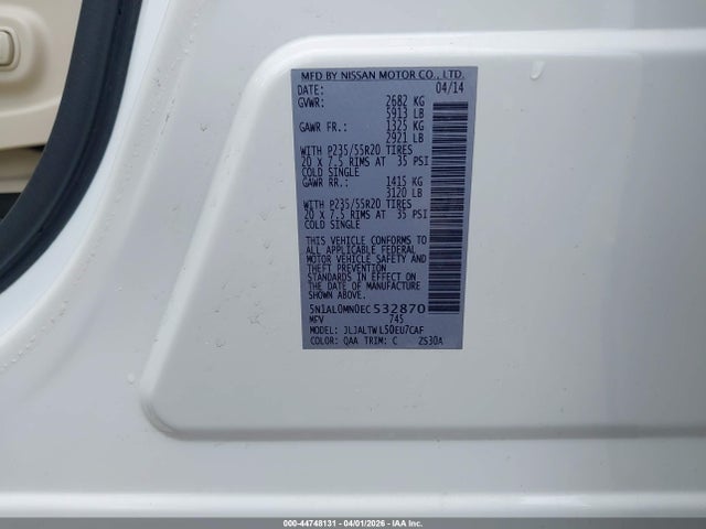 Aukcja sprzedaży 2014 Infiniti Qx60, vin: 5N1AL0MN0EC532870, numer aukcji: 44748131
