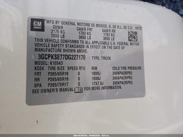 Продаж на аукціоні авто 2013 Chevrolet Silverado 1500 Lt, vin: 3GCPKSE77DG227178, номер лоту: 44748144