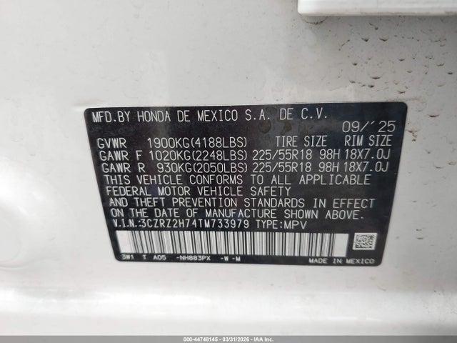 Продаж на аукціоні авто 2026 Honda Hr-v Awd Ex-l, vin: 3CZRZ2H74TM733979, номер лоту: 44748145