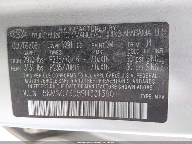 44748149 :رقم المزاد ، 5NMSG73D59H331360 vin ، 2009 Hyundai Santa Fe Gls مزاد بيع