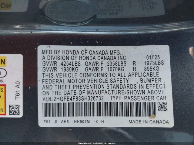 44748153 :رقم المزاد ، 2HGFE4F83SH326732 vin ، 2025 Honda Civic Hybrid مزاد بيع