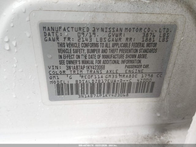 44748178 :رقم المزاد ، 3N1AB7AP1KY423068 vin ، 2019 Nissan Sentra Sv مزاد بيع