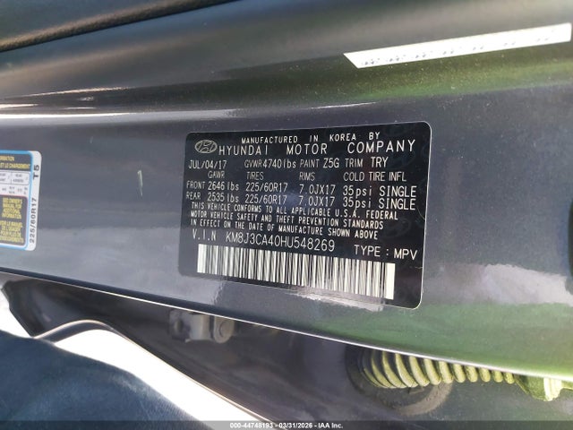 Продажа на аукционе авто 2017 Hyundai Tucson Se Plus, vin: KM8J3CA40HU548269, номер лота: 44748193