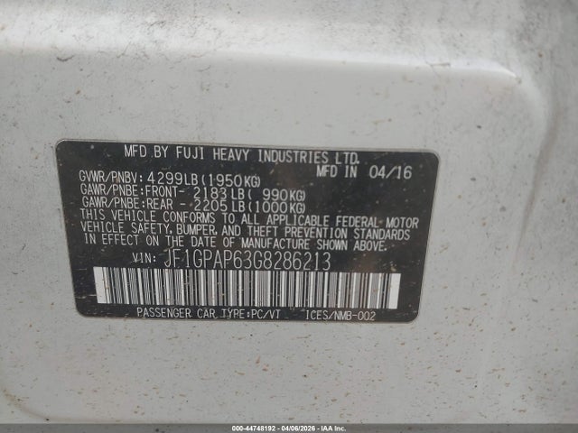 44748192 :رقم المزاد ، JF1GPAP63G8286213 vin ، 2016 Subaru Impreza 2.0i Sport Premium مزاد بيع