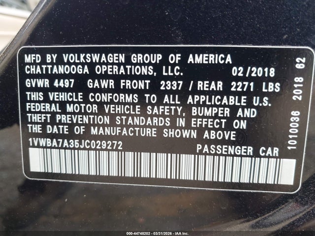 Продаж на аукціоні авто 2018 Volkswagen Passat 2.0t Se, vin: 1VWBA7A35JC029272, номер лоту: 44748202