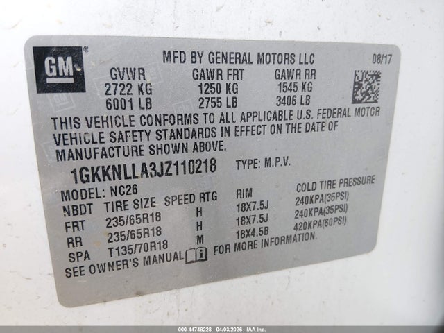 1GKKNLLA3JZ110218 GMC Acadia Sle-2