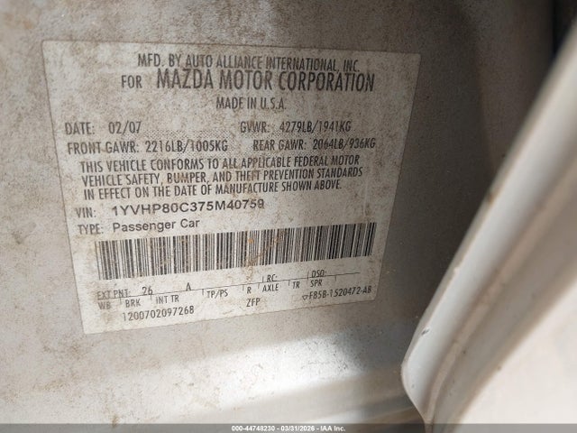 44748230 :رقم المزاد ، 1YVHP80C375M40759 vin ، 2007 Mazda Mazda6 I Sport Ve مزاد بيع