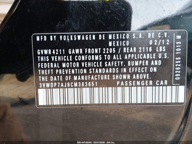 44748245 :رقم المزاد ، 3VWDP7AJ8CM383651 vin ، 2012 Volkswagen Jetta 2.5l Se مزاد بيع