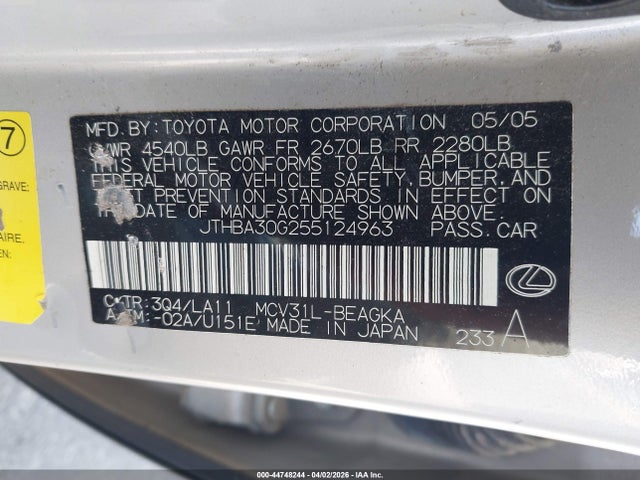 Продажа на аукционе авто 2005 Lexus Es 330, vin: JTHBA30G255124963, номер лота: 44748244