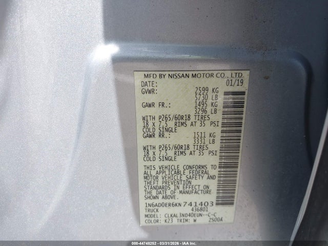 2019 Nissan Frontier Sl მანქანა იყიდება აუქციონზე, vin: 1N6AD0ER6KN741403, აუქციონის ნომერი: 44748252