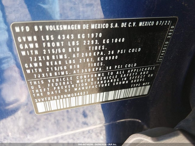 44748256 :رقم المزاد ، 3VVTX7B28NM094621 vin ، 2022 Volkswagen Taos 1.5t Se مزاد بيع