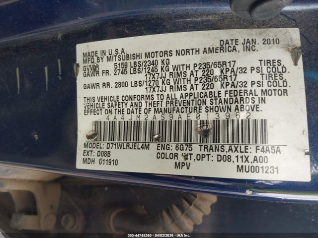 44748260 :رقم المزاد ، 4A4JM2AS9AE013962 vin ، 2010 Mitsubishi Endeavor Ls مزاد بيع