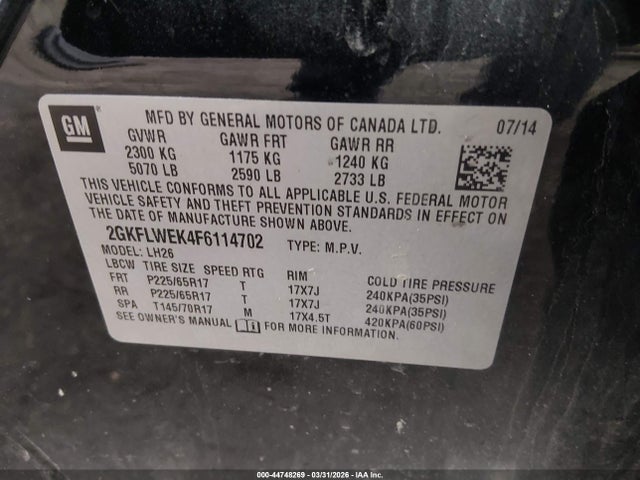 Продажа на аукционе авто 2015 Gmc Terrain Sle-2, vin: 2GKFLWEK4F6114702, номер лота: 44748269