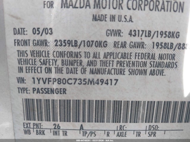 44748281 :رقم المزاد ، 1YVFP80C735M49417 vin ، 2003 Mazda Mazda6 I مزاد بيع