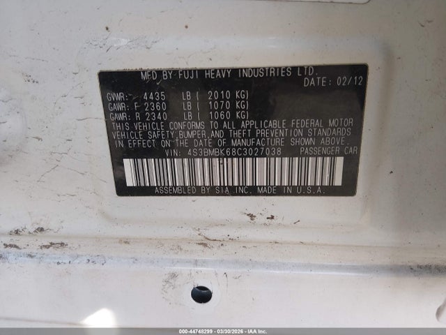 Aukcja sprzedaży 2012 Subaru Legacy 2.5i Limited, vin: 4S3BMBK68C3027038, numer aukcji: 44748299