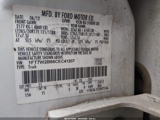 Продаж на аукціоні авто 2012 Ford F-250 Xl, vin: 1FT7W2B66CEC41207, номер лоту: 44748298