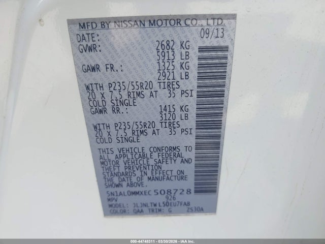 44748311 :رقم المزاد ، 5N1AL0MMXEC508728 vin ، 2014 Infiniti Qx60 مزاد بيع