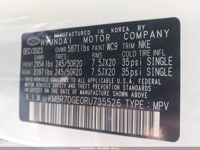 Aukcja sprzedaży 2024 Hyundai Palisade Calligraphy Night Edition, vin: KM8R7DGE0RU735526, numer aukcji: 44748312