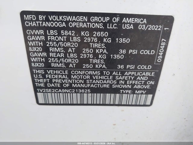 Продаж на аукціоні авто 2022 Volkswagen Atlas Cross Sport 3.6l V6 Sel R-line, vin: 1V2SE2CA9NC213625, номер лоту: 44748313