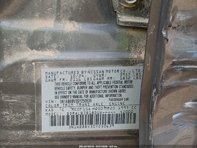 Aukcja sprzedaży 2025 Nissan Sentra S, vin: 3N1AB8BV3SY250639, numer aukcji: 44748319
