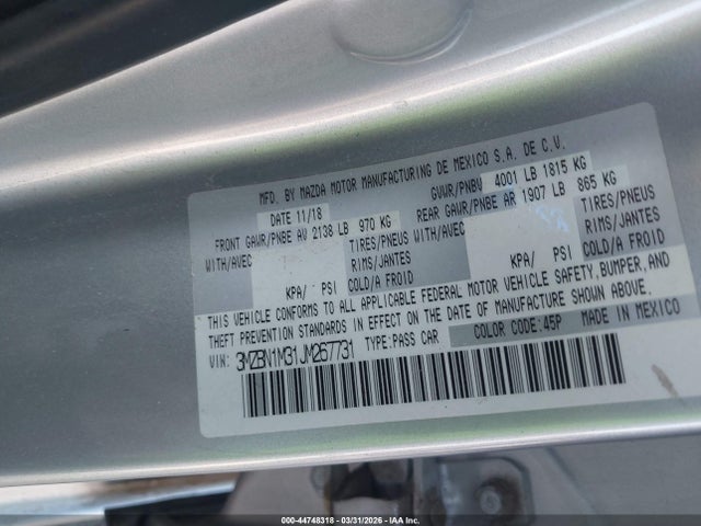 Aukcja sprzedaży 2018 Mazda Mazda3 Grand Touring, vin: 3MZBN1M31JM267731, numer aukcji: 44748318