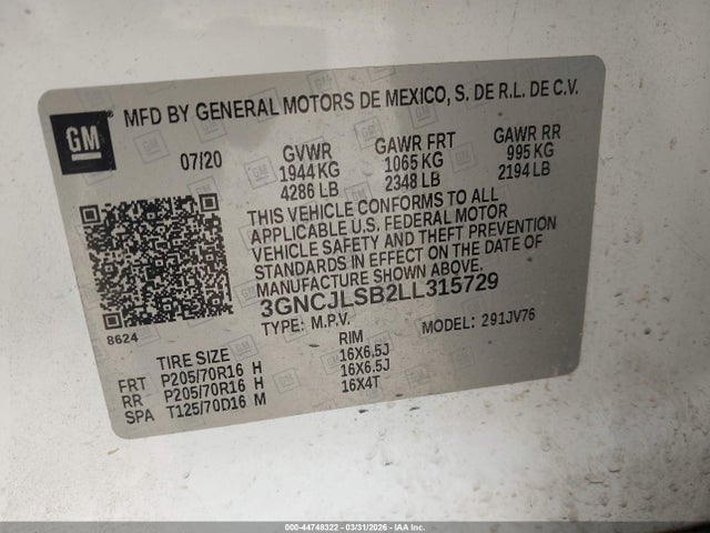 Aukcja sprzedaży 2020 Chevrolet Trax Fwd Lt, vin: 3GNCJLSB2LL315729, numer aukcji: 44748322