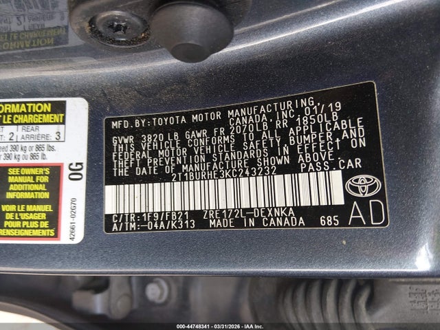 Продаж на аукціоні авто 2019 Toyota Corolla Le, vin: 2T1BURHE3KC243232, номер лоту: 44748341