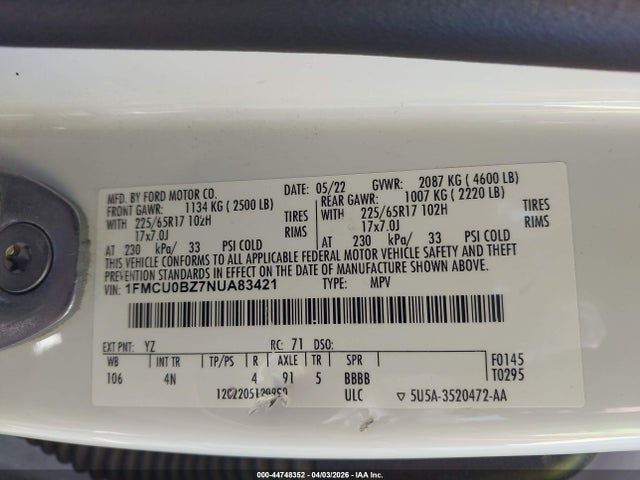 Продажа на аукционе авто 2022 Ford Escape Se Hybrid, vin: 1FMCU0BZ7NUA83421, номер лота: 44748352