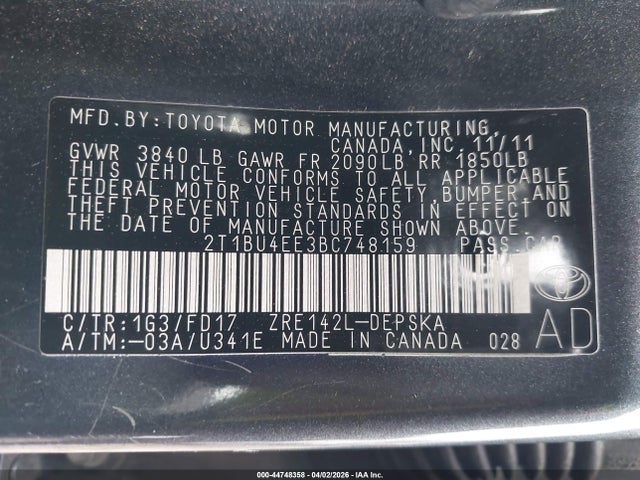 Продаж на аукціоні авто 2011 Toyota Corolla S, vin: 2T1BU4EE3BC748159, номер лоту: 44748358