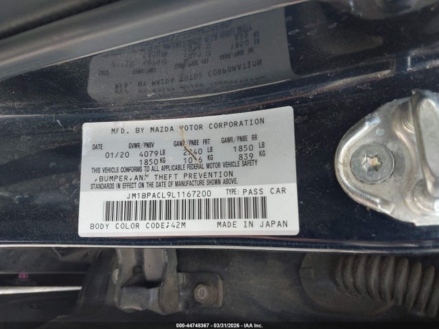 Aukcja sprzedaży 2020 Mazda Mazda3 Select Package, vin: JM1BPACL9L1167200, numer aukcji: 44748367