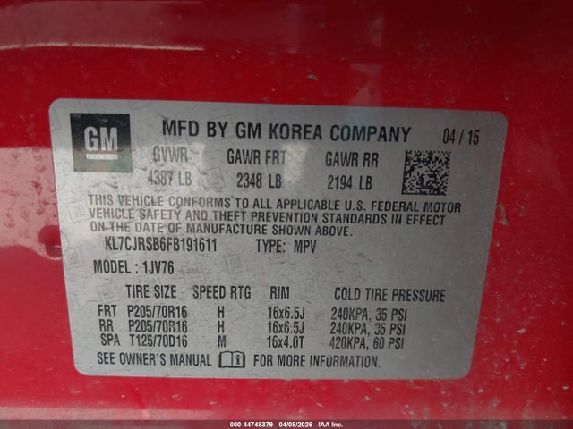 44748379 :رقم المزاد ، KL7CJRSB6FB191611 vin ، 2015 Chevrolet Trax Lt مزاد بيع