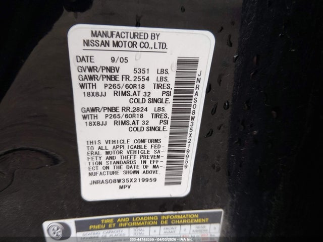 Aukcja sprzedaży 2005 Infiniti Fx35, vin: JNRAS08W35X219959, numer aukcji: 44748399