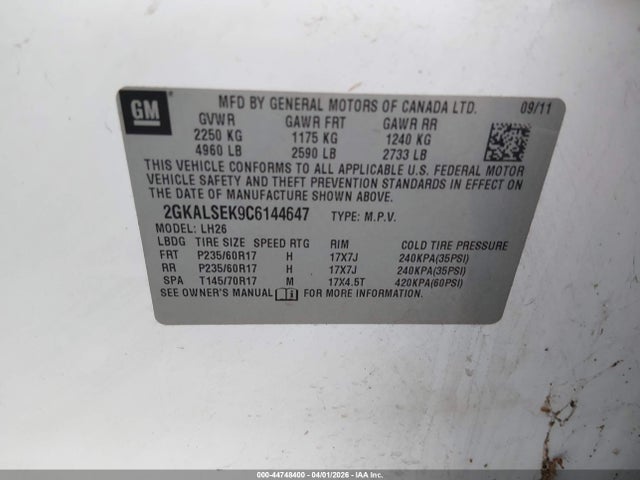Aukcja sprzedaży 2012 Gmc Terrain Sle-2, vin: 2GKALSEK9C6144647, numer aukcji: 44748400