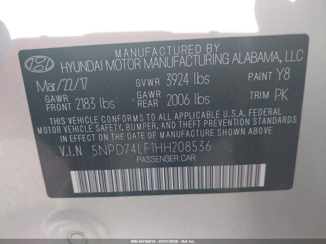44748410 :رقم المزاد ، 5NPD74LF1HH208536 vin ، 2017 Hyundai Elantra Se مزاد بيع