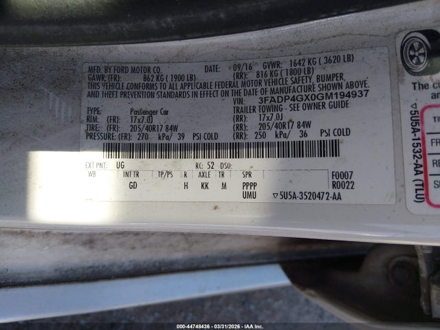 2016 Ford Fiesta St მანქანა იყიდება აუქციონზე, vin: 3FADP4GX0GM194937, აუქციონის ნომერი: 44748436