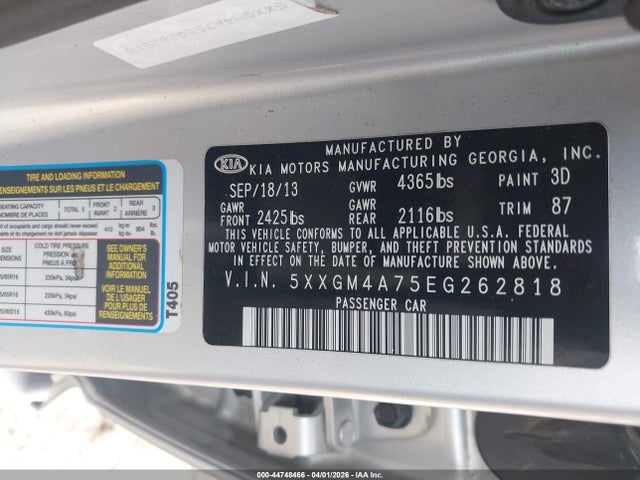 2014 Kia Optima Lx მანქანა იყიდება აუქციონზე, vin: 5XXGM4A75EG262818, აუქციონის ნომერი: 44748466