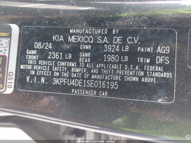 2025 Kia K4 Ex მანქანა იყიდება აუქციონზე, vin: 3KPFU4DE1SE016195, აუქციონის ნომერი: 44748473