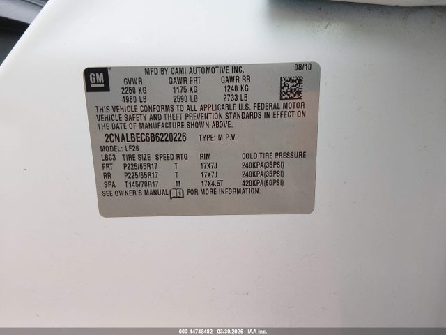 44748482 :رقم المزاد ، 2CNALBEC6B6220226 vin ، 2011 Chevrolet Equinox Ls مزاد بيع