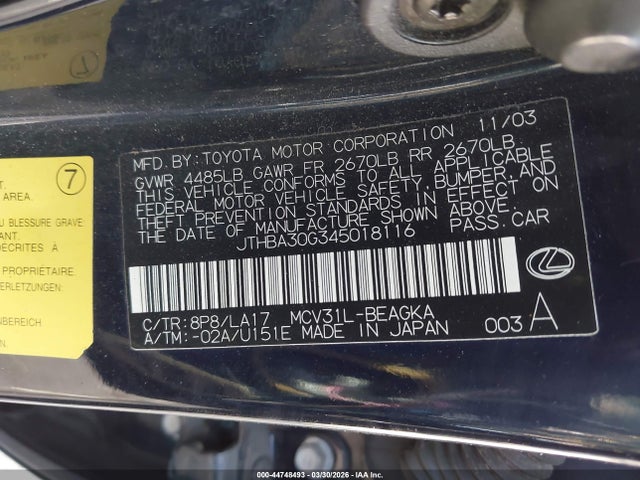 Продажа на аукционе авто 2004 Lexus Es 330, vin: JTHBA30G345018116, номер лота: 44748493