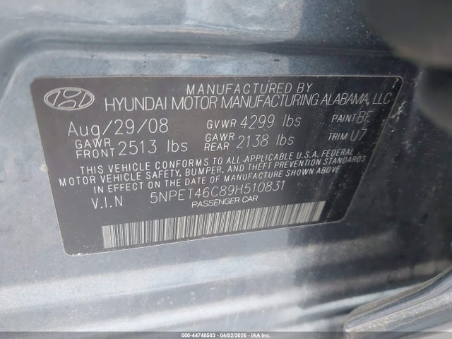 Aukcja sprzedaży 2009 Hyundai Sonata Gls, vin: 5NPET46C89H510831, numer aukcji: 44748503