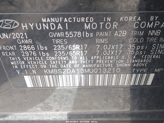 Aukcja sprzedaży 2021 Hyundai Santa Fe Hybrid Blue, vin: KM8S2DA13MU013210, numer aukcji: 44748510