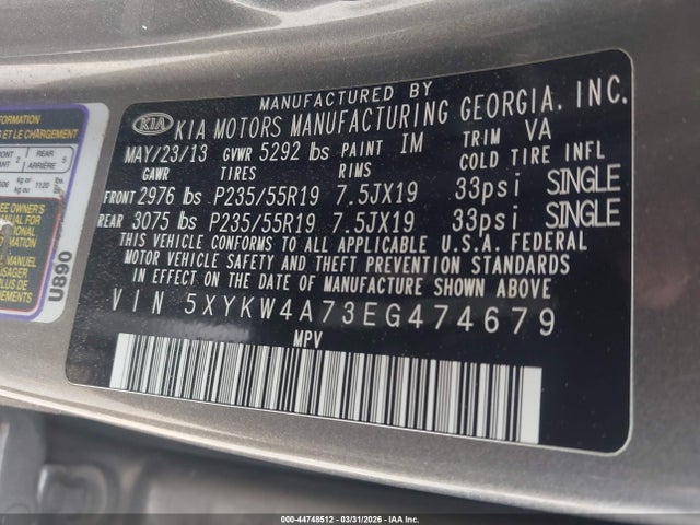 2014 Kia Sorento Limited V6 მანქანა იყიდება აუქციონზე, vin: 5XYKW4A73EG474679, აუქციონის ნომერი: 44748512