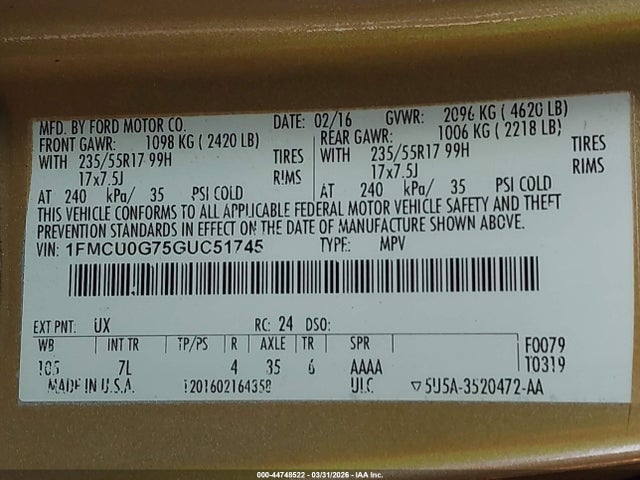44748522 :رقم المزاد ، 1FMCU0G75GUC51745 vin ، 2016 Ford Escape Se مزاد بيع
