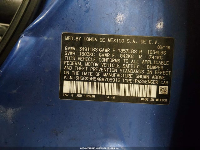 44748543 :رقم المزاد ، 3HGGK5H84GM705912 vin ، 2016 Honda Fit Ex-l مزاد بيع