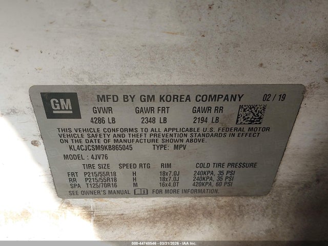 2019 Buick Encore Fwd Essence მანქანა იყიდება აუქციონზე, vin: KL4CJCSM9KB865045, აუქციონის ნომერი: 44748546