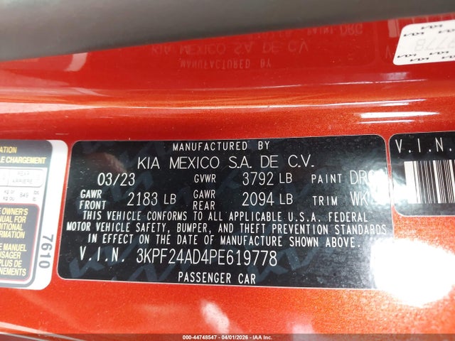 Продажа на аукционе авто 2023 Kia Forte Lxs, vin: 3KPF24AD4PE619778, номер лота: 44748547