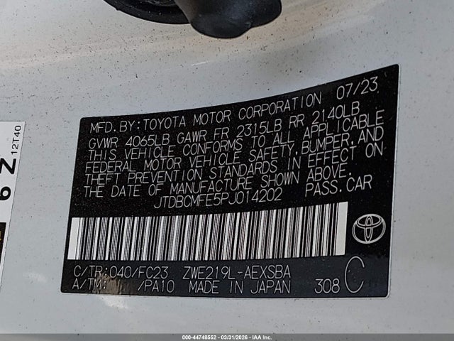 2023 Toyota Corolla Hybrid Se მანქანა იყიდება აუქციონზე, vin: JTDBCMFE5PJ014202, აუქციონის ნომერი: 44748552