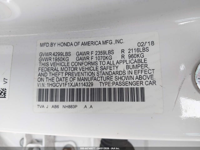 Aukcja sprzedaży 2018 Honda Accord Lx, vin: 1HGCV1F1XJA114329, numer aukcji: 44748577