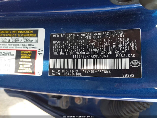 44748580 :رقم المزاد ، 4T4BF3EK1AR051361 vin ، 2010 Toyota Camry Le مزاد بيع